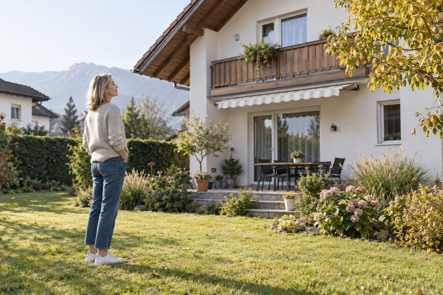 Eine Frau betrachtet vom Garten aus das bisher gemeinsam bewohnte Haus