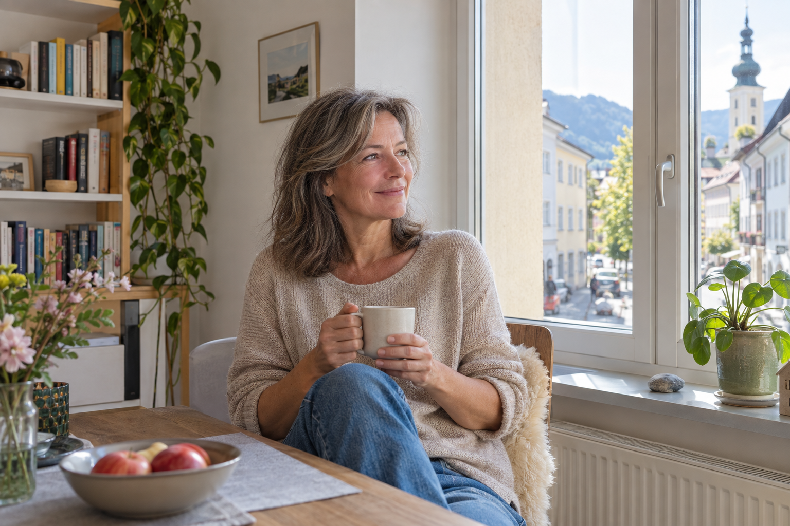 Eine Frau sitzt mit einer Tasse am Fenster einer kleineren hellen Wohnung